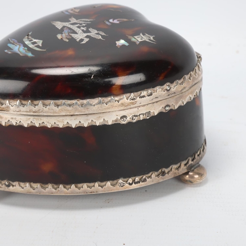 86 - Edward VII tortoiseshell and silver-mounted heart-shaped box, with mother-of-pearl inlaid lid, hallm... 