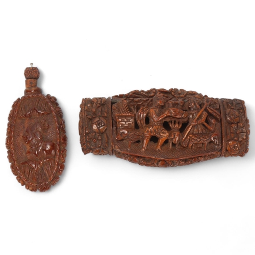 87 - A 19th century coquilla nut box, relief carved and pierced figural decoration, length 8.5cm, togethe... 