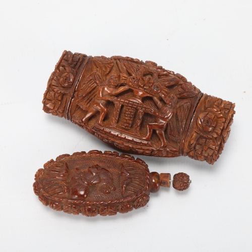 87 - A 19th century coquilla nut box, relief carved and pierced figural decoration, length 8.5cm, togethe... 