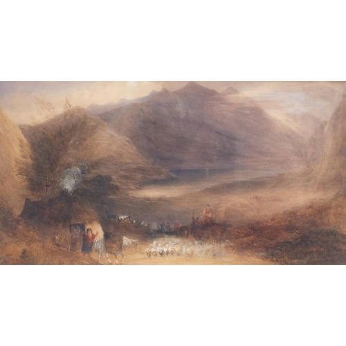 649 - David Cox (1783 - 1859), travellers in mountain landscape, watercolour, unsigned, 30cm x 53cm, frame... 