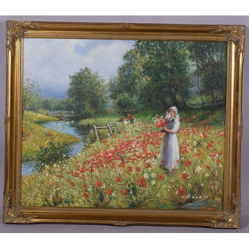 653 - Girl in flower meadow, contemporary oil on canvas, indistinctly signed, 50cm x 61cm, framed