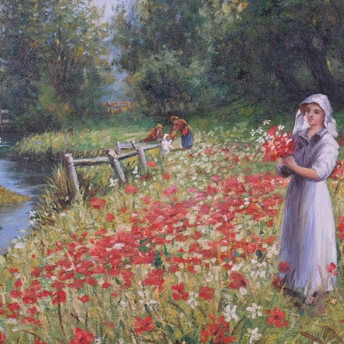 653 - Girl in flower meadow, contemporary oil on canvas, indistinctly signed, 50cm x 61cm, framed