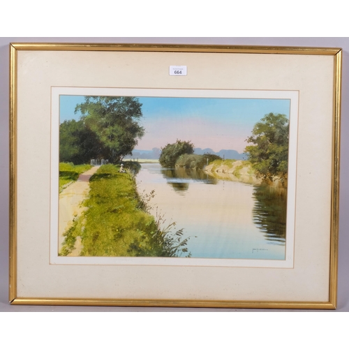 654 - John Haskins, fisherman by a canal, oil on board, signed, 35cm x 50cm