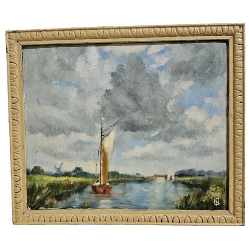 815 - Campbell Archibald Mellon (1876-1955), boat on river, oil on board, 24cm x 30cm, framed