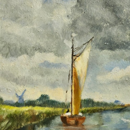 815 - Campbell Archibald Mellon (1876-1955), boat on river, oil on board, 24cm x 30cm, framed