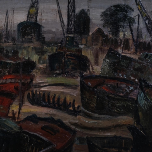 506 - Sydney Joseph Iredale (1896 - 1967), boatyard scene, oil on board, 40cm x 50cm, framed