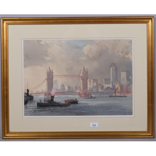 514 - Anthony Flemming (born 1936), Thames view towards Tower Bridge, watercolour, signed, 36cm x 53cm, fr... 