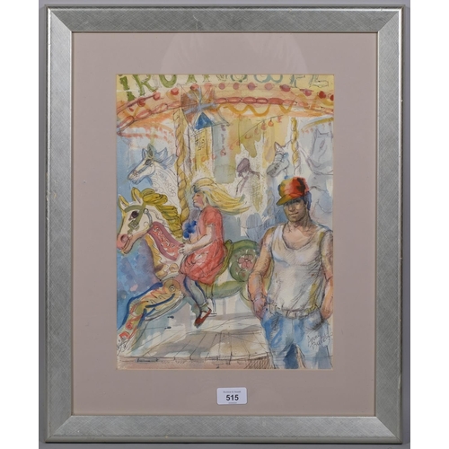 515 - Anne Bulitis, carousel, watercolour, signed, 37cm x 27cm, framed