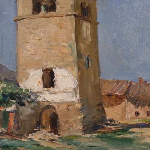 518 - Mid-20th century French School, old bell tower, oil on board, indistinctly signed and inscribed vers... 