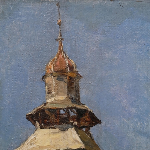 518 - Mid-20th century French School, old bell tower, oil on board, indistinctly signed and inscribed vers... 