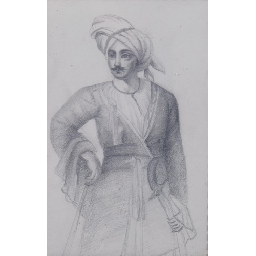 519 - Portrait of an Indian man, pencil on paper, unsigned, in carved wood frame, overall frame dimensions... 