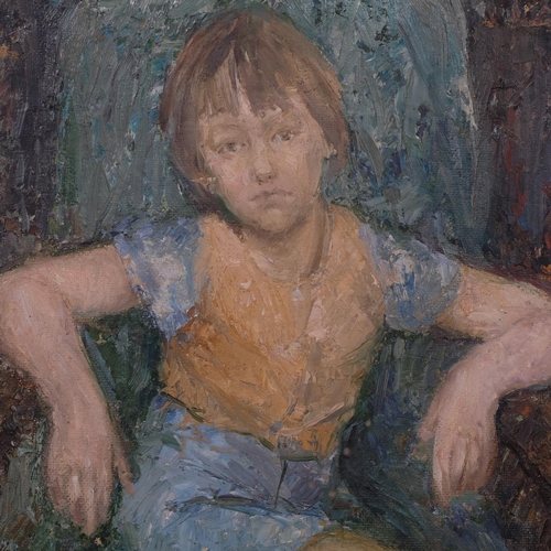 520 - Portrait of a child in an armchair, mid-20th century oil on board, unsigned, 60cm x 60cm, unframed