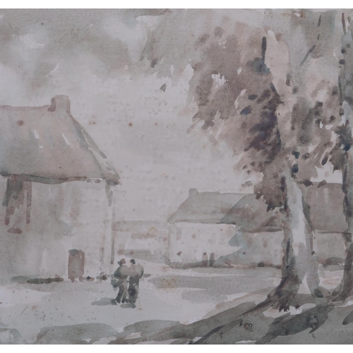 523 - Figures near farm buildings, early 20th century watercolour, signed with monogram DJP, 22cm x 30cm, ... 