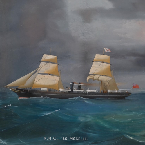 525 - RMC SS Moselle, steam and sail ship off the coast, 19th century marine gouache painting, unsigned, 4... 