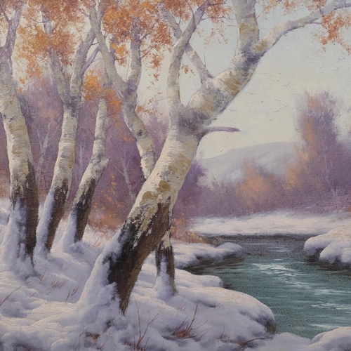 527 - Winter woodland scene, mid-20th century oil on canvas, indistinctly signed, 51cm x 61cm, framed