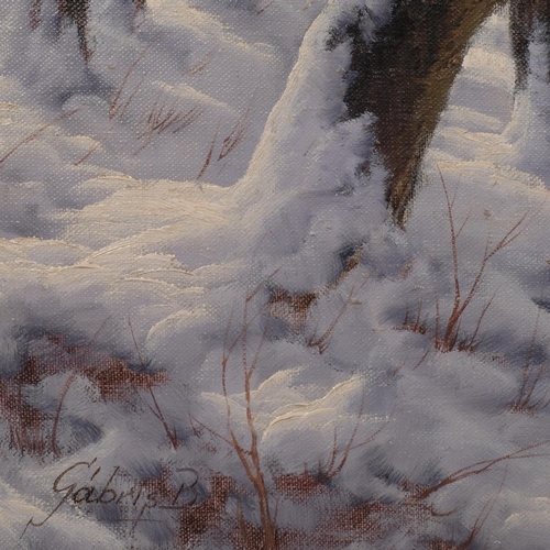 527 - Winter woodland scene, mid-20th century oil on canvas, indistinctly signed, 51cm x 61cm, framed