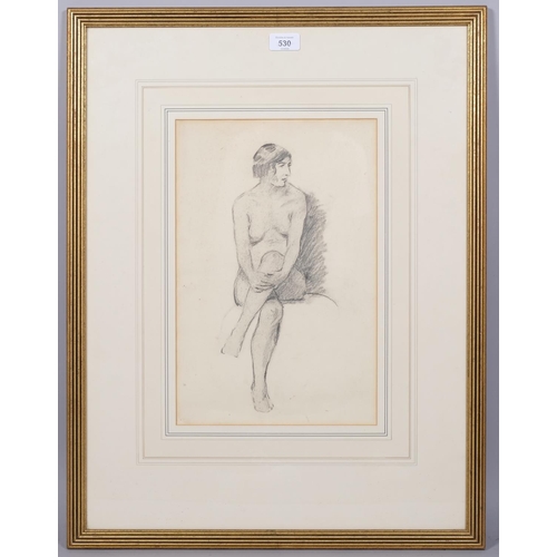 530 - Nude life study, mid-20th century charcoal on paper, unsigned, 38cm x 25cm, framed