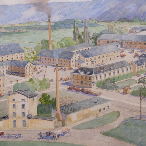 532 - Extensive industrial scene, early to mid-20th century watercolour, indistinctly signed, 58cm x 90cm,... 