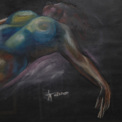 536 - Nude life study, coloured pastels on black paper, signed with monogram, 63cm x 96cm, framed