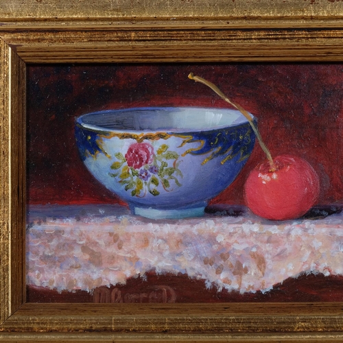 540 - Maimie Gerrard, still life, china and cherries, oil on board, signed, 8cm x 29cm, framed