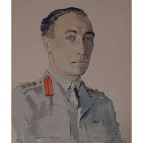 552 - Mid-20th century military portrait, watercolour on card, indistinctly signed, 53cm x 38cm, unframed