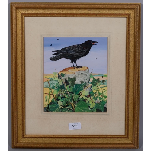 555 - Linda Telfer, crow and ivy, gouache, signed and dated 1981, 23cm x 19cm, framed