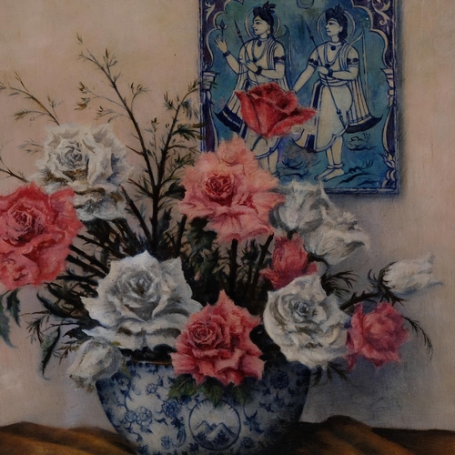 557 - Frank Potter, still life roses and Persian tile, oil on canvas, signed, 66cm x 51cm, unframed