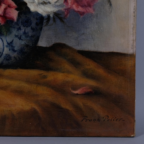 557 - Frank Potter, still life roses and Persian tile, oil on canvas, signed, 66cm x 51cm, unframed