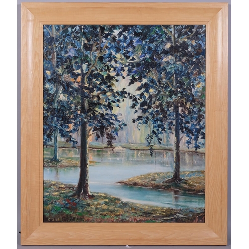 562 - Wooded lake scene, late 20th century oil on canvas, unsigned, 75cm x 60cm, framed