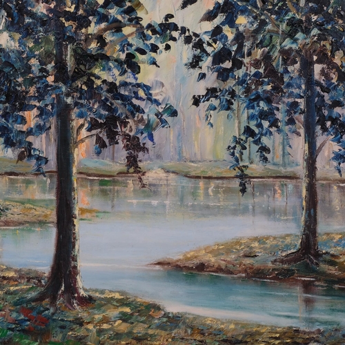 562 - Wooded lake scene, late 20th century oil on canvas, unsigned, 75cm x 60cm, framed