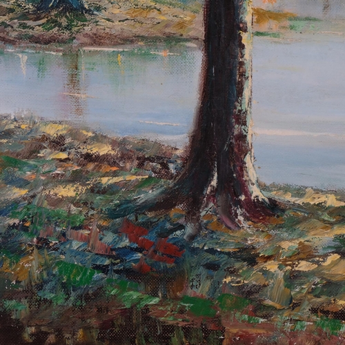 562 - Wooded lake scene, late 20th century oil on canvas, unsigned, 75cm x 60cm, framed