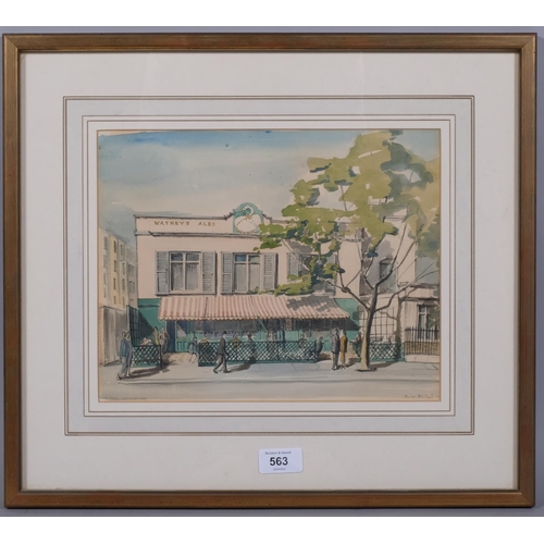 563 - The Swan Pub Lancaster Gate, mid-20th century watercolour, indistinctly signed, dated '54, 23cm x 29... 