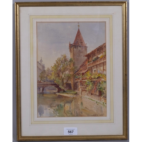 567 - Conrad Carelli (1869 - 1956), Continental river scene, watercolour, signed, 26cm x 19cm, framed