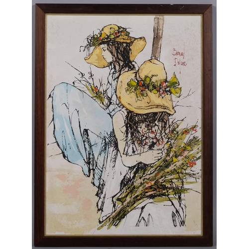 569 - Bernard Dufour, girls with summer flowers, acrylic on canvas board, signed, 47cm x 34cm, framed