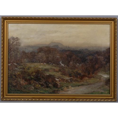 572 - Owen Bowen ROI (1873 - 1967), landscape view towards Edinburgh, oil on canvas, signed, 35cm x 50cm, ... 