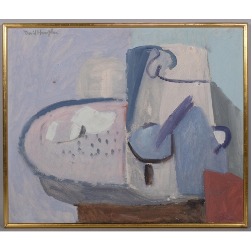 574 - David Hampton (born 1926), abstract still life, oil on board, signed, 62cm x 75cm, framed