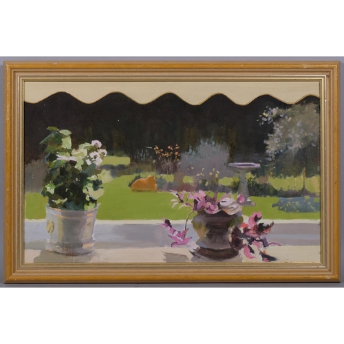 576 - John Lingham, garden terrace, oil on board, signed, 37cm x 61cm, framed