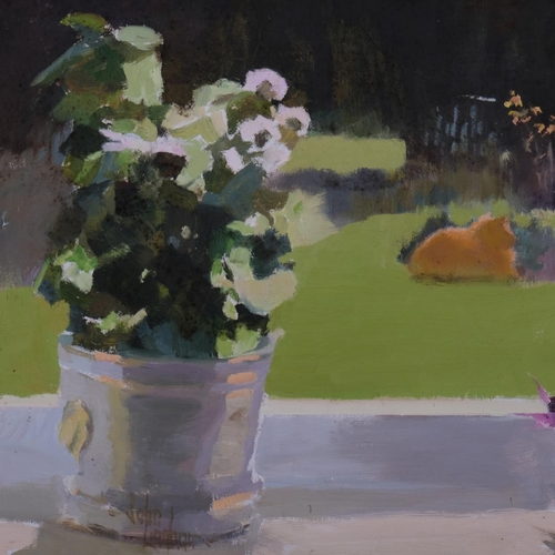 576 - John Lingham, garden terrace, oil on board, signed, 37cm x 61cm, framed