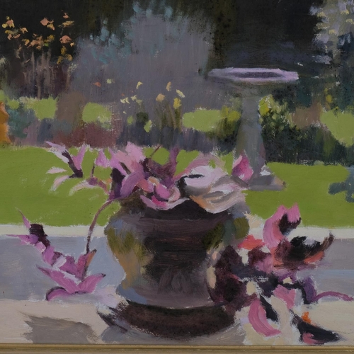 576 - John Lingham, garden terrace, oil on board, signed, 37cm x 61cm, framed