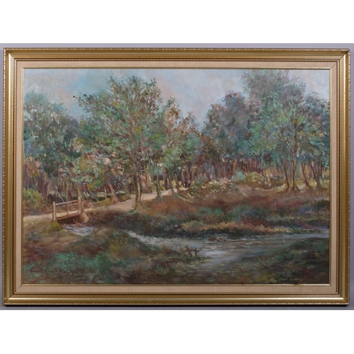 602 - Russell Taylor, woodland stream, oil on canvas, signed and dated '80, 68cm x 96cm, framed