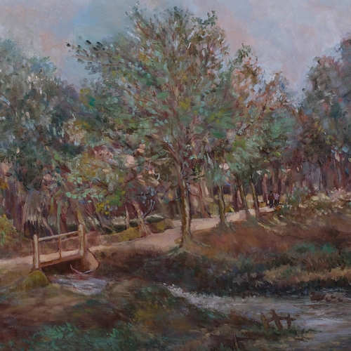 602 - Russell Taylor, woodland stream, oil on canvas, signed and dated '80, 68cm x 96cm, framed