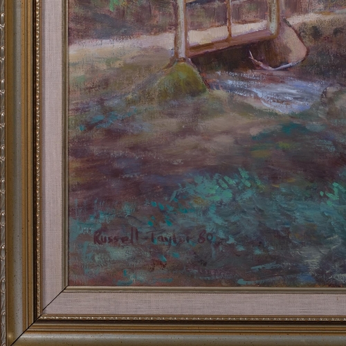 602 - Russell Taylor, woodland stream, oil on canvas, signed and dated '80, 68cm x 96cm, framed