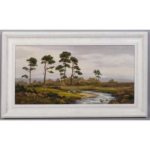 609 - Robert Egginton (Irish, born 1843), riverside landscape, oil on canvas board, signed, 36cm x 74cm, f... 