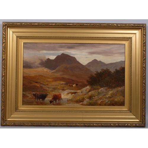 611 - Stephen Hogley (active 1874 - 1893), Highland cattle in the mountains, oil on canvas, signed, 41cm x... 