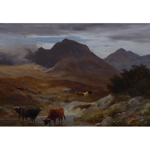 611 - Stephen Hogley (active 1874 - 1893), Highland cattle in the mountains, oil on canvas, signed, 41cm x... 