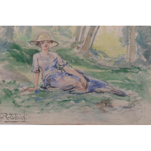 614 - 2 watercolours, woman in woodland, 15cm x 23cm, and Continental town scene, 30cm x 39cm, both indist... 