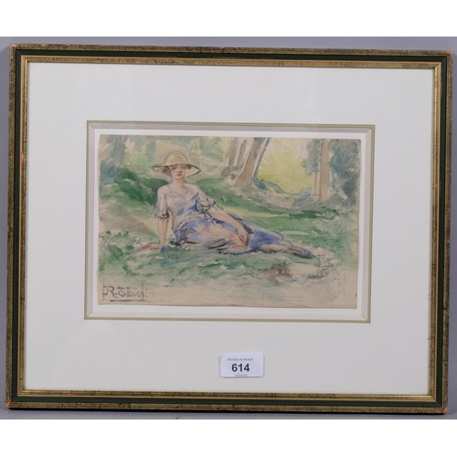 614 - 2 watercolours, woman in woodland, 15cm x 23cm, and Continental town scene, 30cm x 39cm, both indist... 