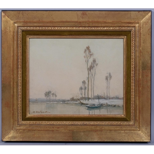 615 - Marie Coulon Serra, Continental river scene, oil on board, signed, 21cm x 26cm, framed