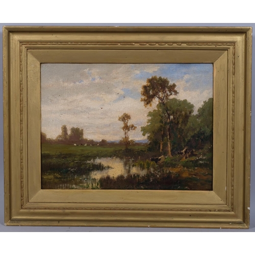 617 - Cattle on a riverbank, early 20th century impressionist oil on canvas, unsigned, 30cm x 39cm, framed