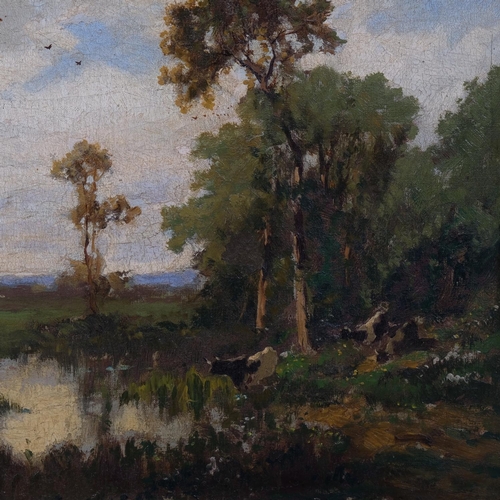 617 - Cattle on a riverbank, early 20th century impressionist oil on canvas, unsigned, 30cm x 39cm, framed